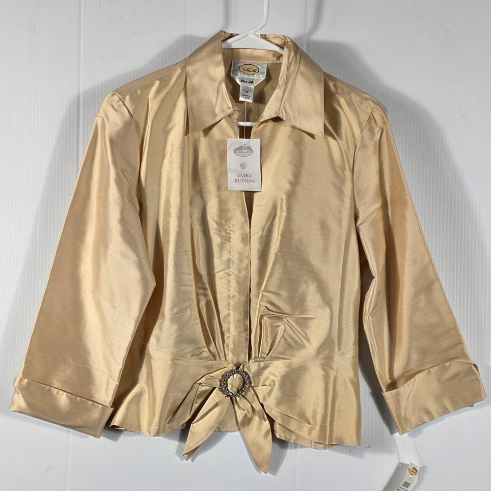 Talbots Pure Silk Gold Rhinestone Buckle Blouse NWT 8 Evening Wrap 3/4 Sleeve